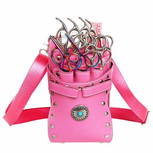 Hairdresser Waist Bag Shear Holder, 7-Slot Hairstylist PU Leather Barber Scissors Holster Pouch Tool Bag, Detachable Hair Cutting Organizer for Combs, Clippers, Spray Bottles (Pink)