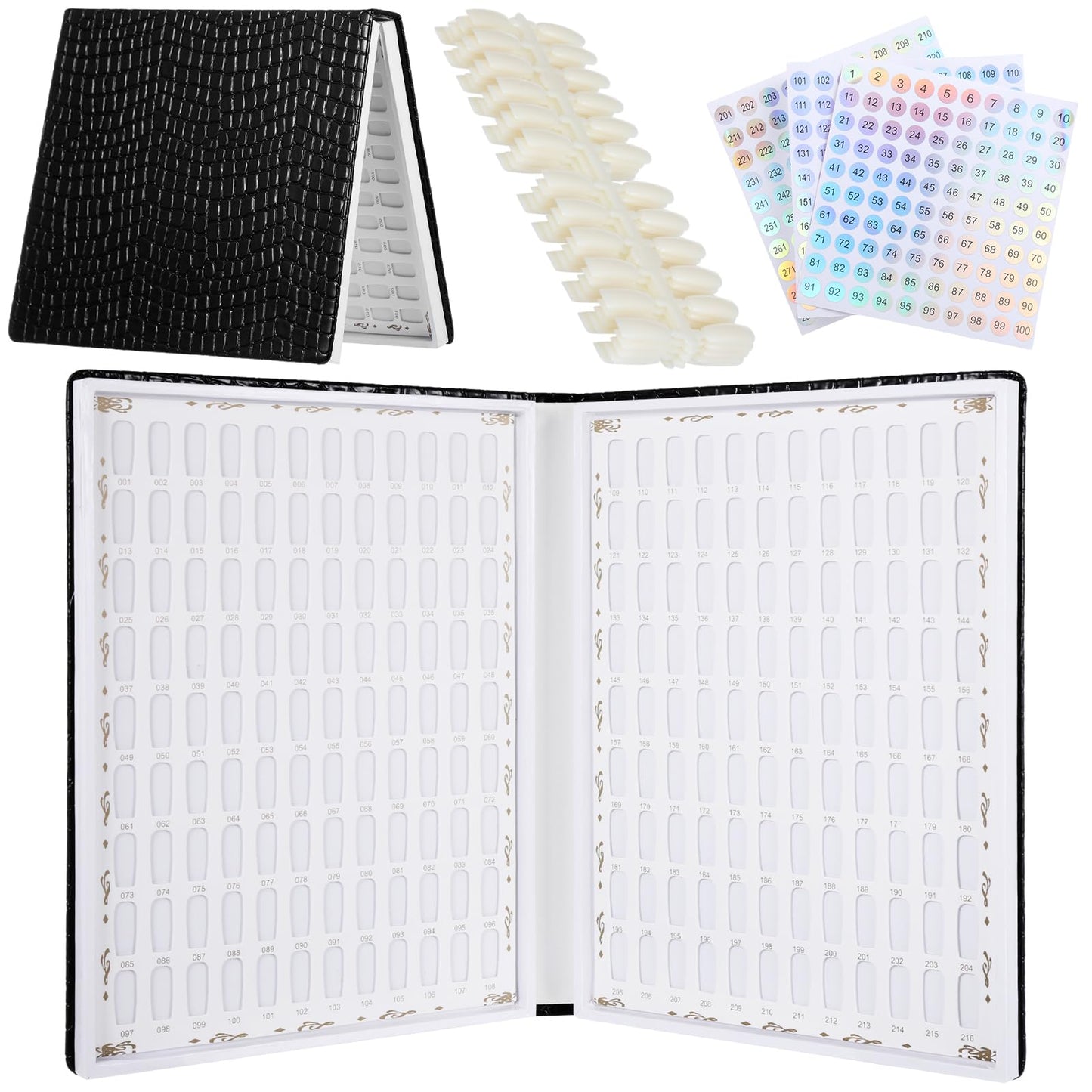 216 Nail Colors Display Book, Nail Gel Polish Organizer Book, Waterproof Textured PU Leather Nail Color Chart with 240 False Nail Tips & 1-300 Numbered Stickers for Nail Art Salons, DIY Nail Design