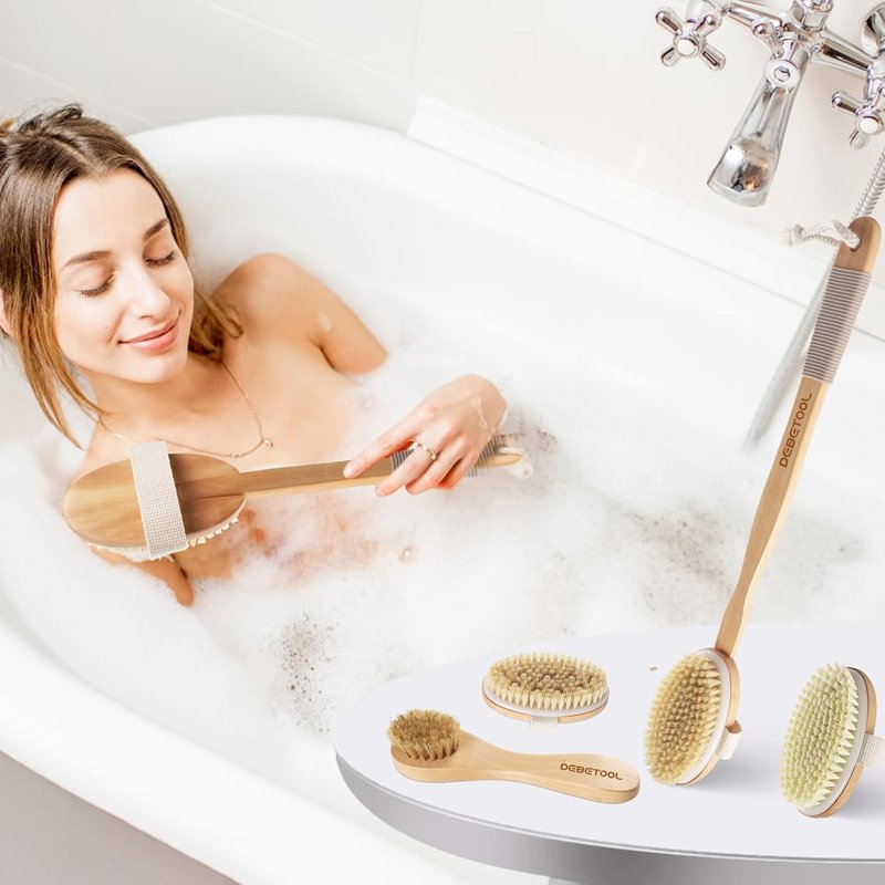 Dry Brushing Set - Natural Boar Bristle Body & Face Brush, Wooden Long Handle Scrub Brush for Cellulite & Lymphatic Drainage, Detachable, 3 Brush Heads