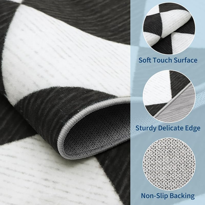 5' x 7' Black & White Checkered Area Rug - washable, non-slip backing