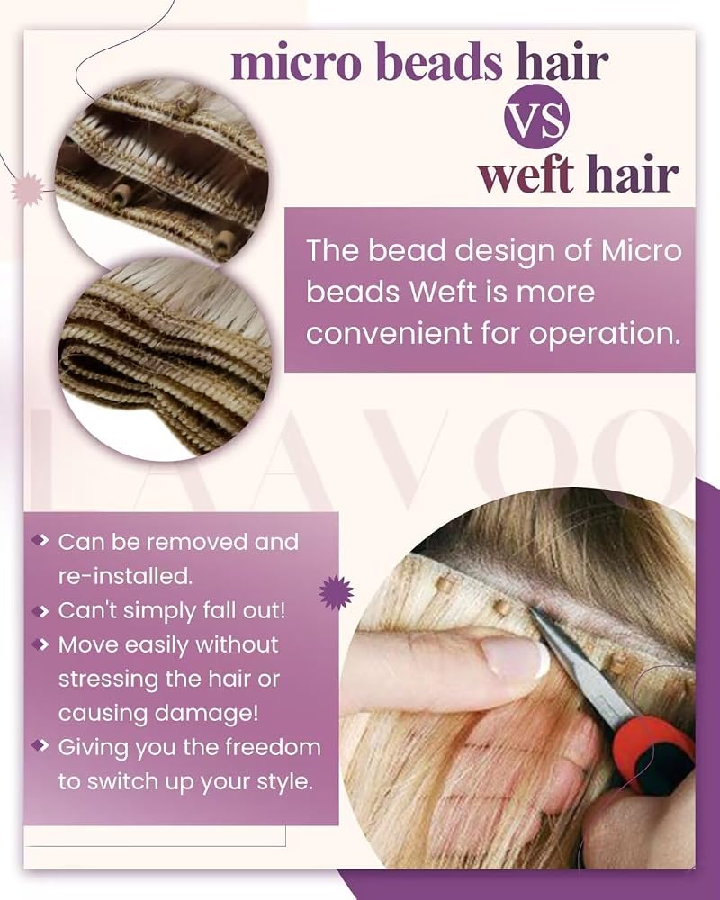 LaaVoo Beaded Weft Hair Extensions - Real Human Hair, 22in, 50g, Light Ash Blonde 613