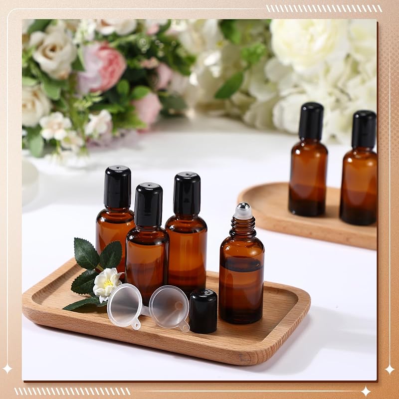 Amber 30 ml Roller Bottle Set - 24 Amber Glass Roll-On Bottles with Funnels & Labels