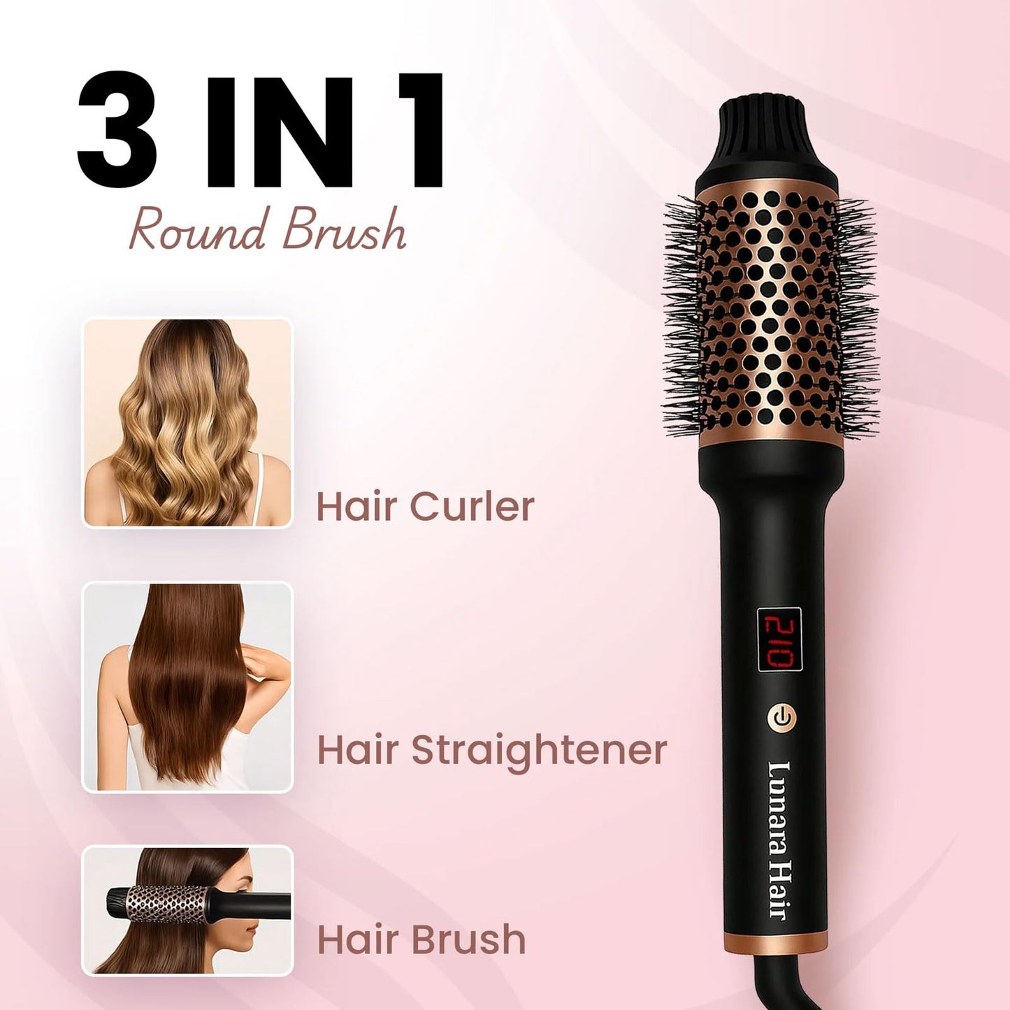 Thermal Styling Brush - Lunarahair, Lunara Thermal Styling Brush, Lunara Hair 3-In-1thermal Round Curling Brush, Gentle Ceramic Heat, Instantly Adds Volume, Shine & Bounce(2PC-Black)