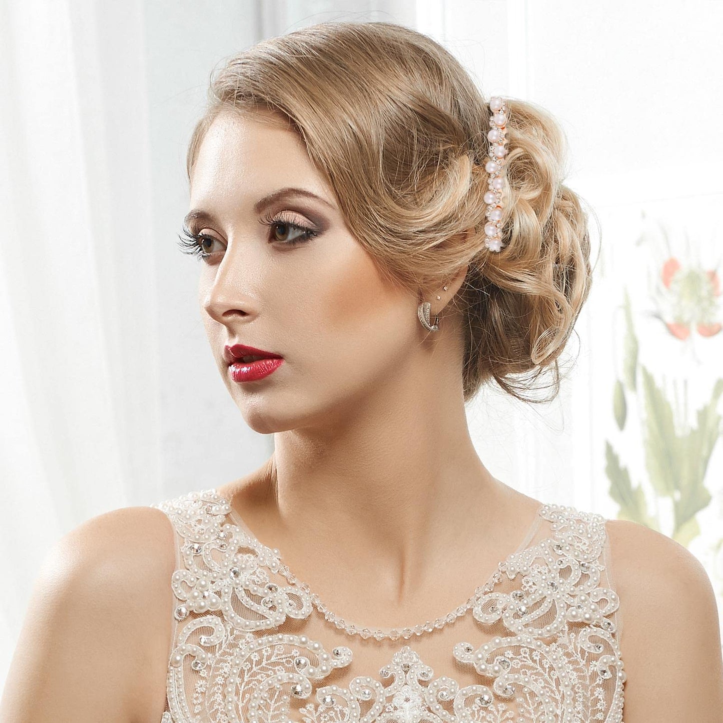 Mozeat Lens Pearl Decorative Hair Comb, 2 Pieces, Alloy, White, for Women Bridal Accessories