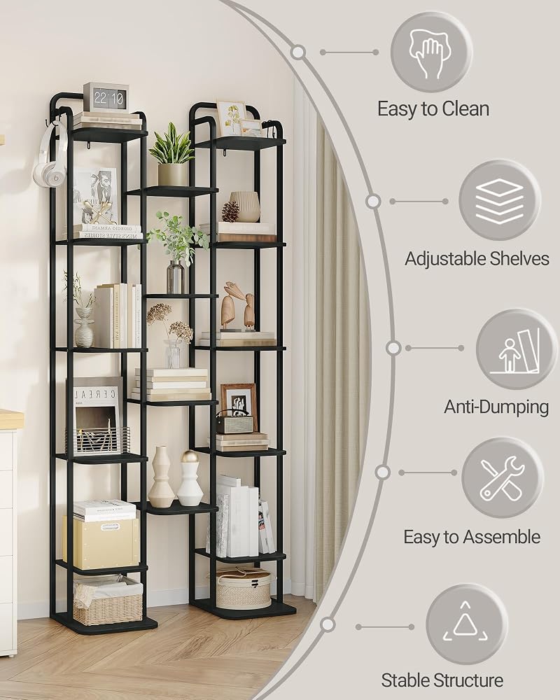 Vertical 10-Tier Shoe Rack Organizer – Free Standing 67.3" Tall, Black with 2 Side Hooks (Variation: Black+10 Tier)