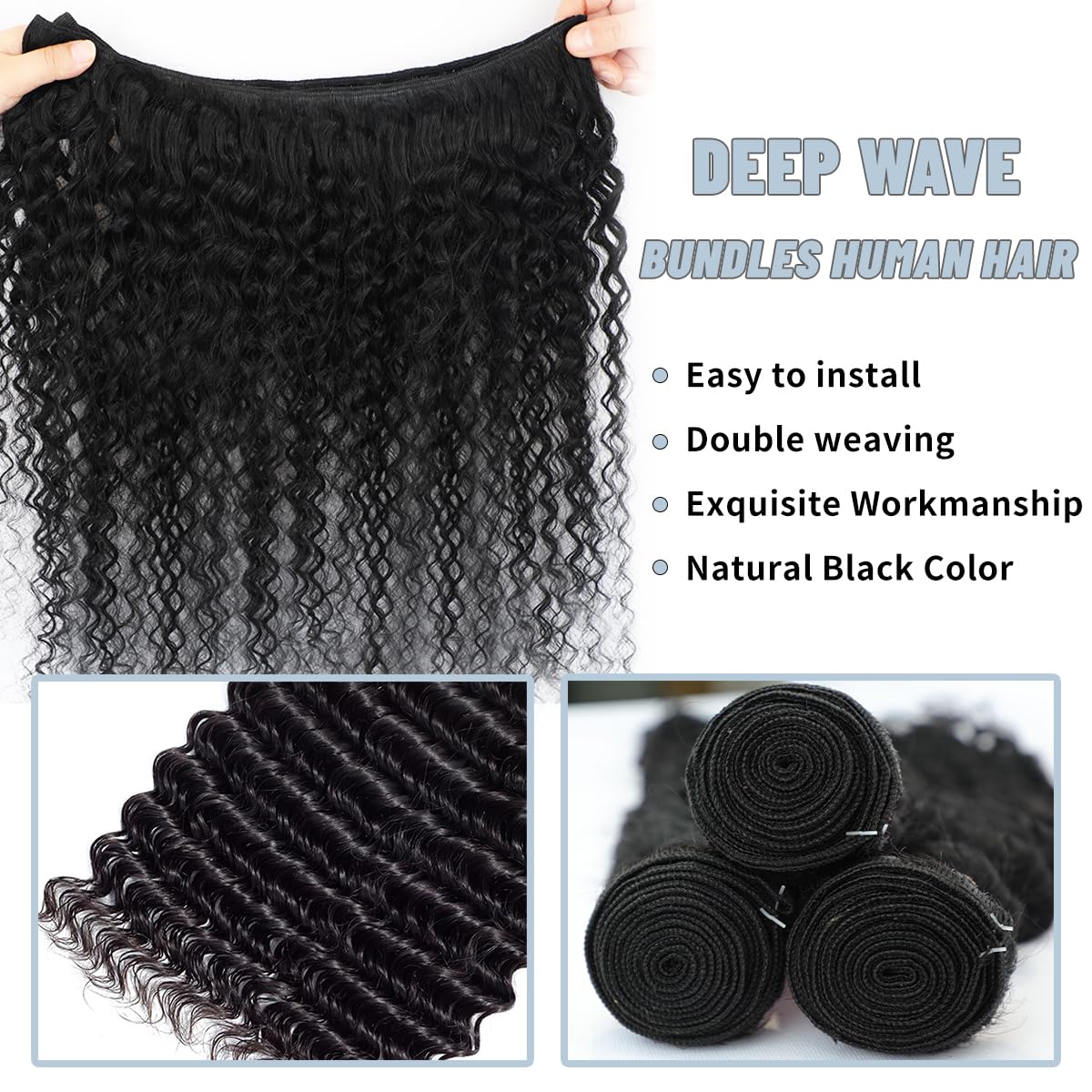 LICHANG 1 Bundle Human Hair 24 Inch 12A Deep Wave Bundles Human Hair 100% Unprocessed Brazilian Virgin Hair Quick Weave Bundle Real Hair For Women Natural Black