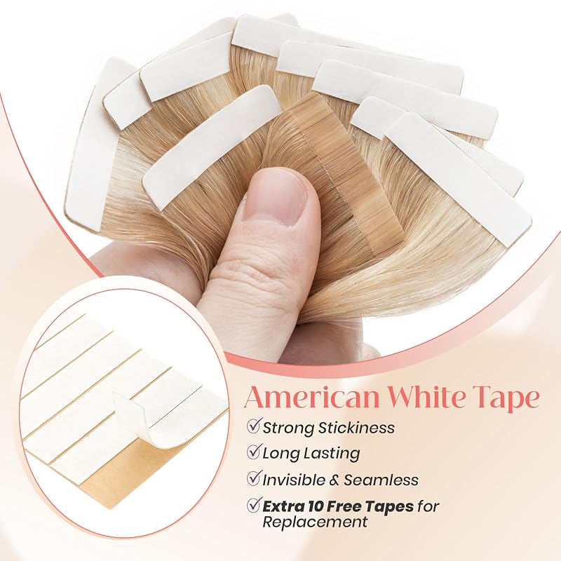 Human Hair Tape-In Extensions 14 Inch Ash Blonde & Bleach Blonde 20pcs 40g - Remy wavy