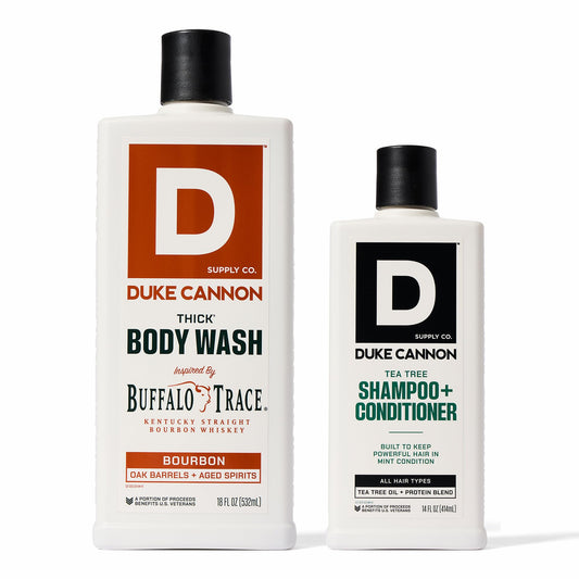 Duke Cannon Supply Co. 2-in-1 Tea Tree Hair Wash & Bourbon Body Wash Bundle - Masculine Scent - Gentle Cleansing Hair Wash - Deep Cleaning Body Cleanser - Bourbon Body Wash/ Tea Tree 2-1 - 2 Pack