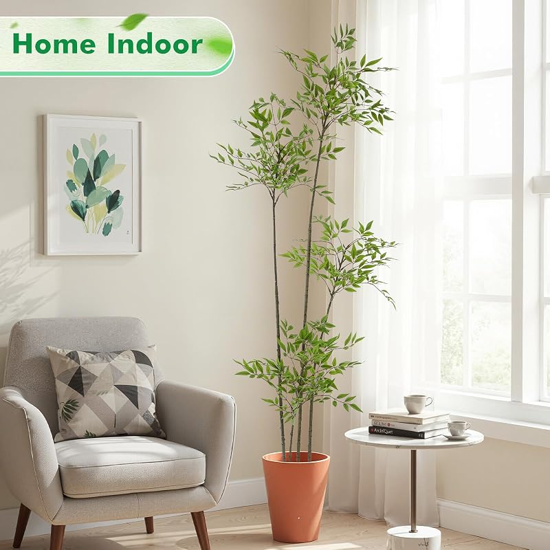 6ft Faux Bamboo Tree with Nandina, Green, with Pot — Variation Green+5ft 11in