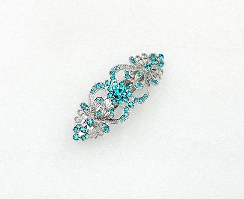 Faship Teal Rhinestone Crystal Hearts Floral Hair Barrette