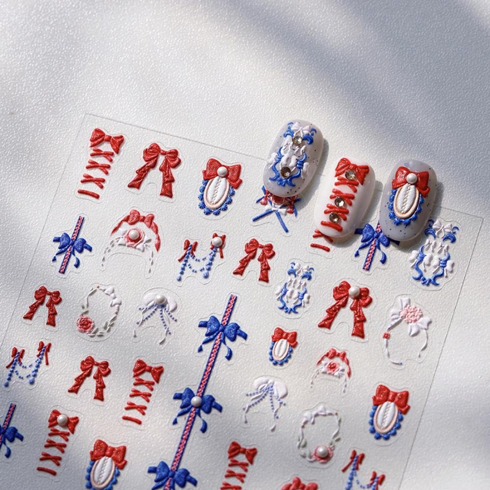 Red Blue Nail Stickers Bow Nail Art Decals Cartoon Nail Sticker for Nails Art Self Adhesive 5D Embossed with Pearl Design Manicure Supply Decoration Accessories for Women Girls Kid