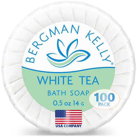 BERGMAN KELLY - Hotel Soap Bars - White Tea, 0.5 oz, 100 PK - Travel Size Luxury Bulk Amenities Bar Soap, Mini Individually Wrapped Round Soap - Small Toiletries for Airbnb, Motel, Guest Bathroom
