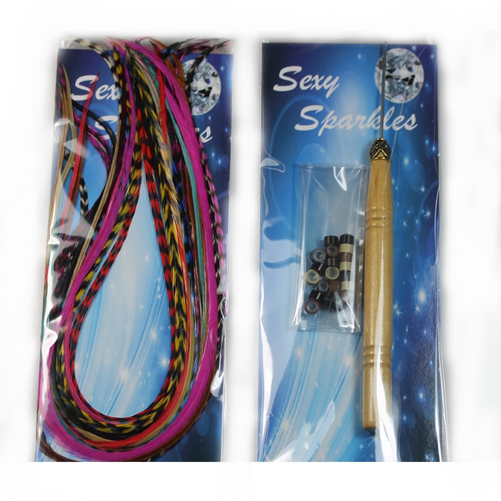 Feather Hair Extension – 100% Real Rooster Grizzly and Solid Feathers, Rainbow Colors Individual Feathers, Ranging From 8 to 11 Inches in Length, Total of 20 Feathers, Includes Beads and Loop Tool Kit