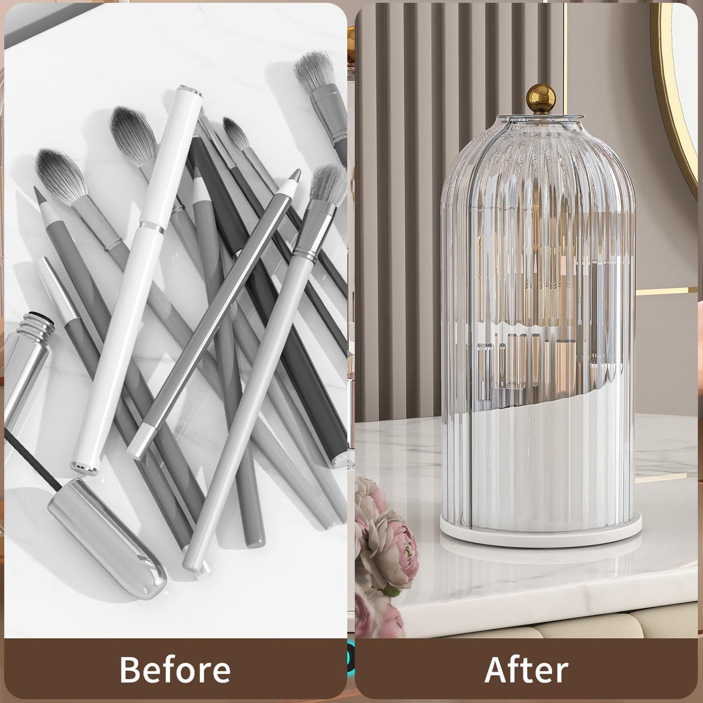 Dimmeda Makeup Brush Holder Organizer with Lid, 360° Rotating Dustproof & Waterproof Makeup Brushes Organizer for Vanity and Bathroom, Cosmetics Make up Brush Organizer (Clear)