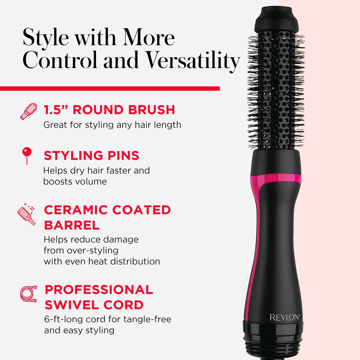 REVLON One-Step Hair Dryer and Styler - Root Booster Round Brush for Styling, Dryer Brush for Fast and Easy Salon-Quality Blowout, More Shine and Less Frizz (1-1/2 in)