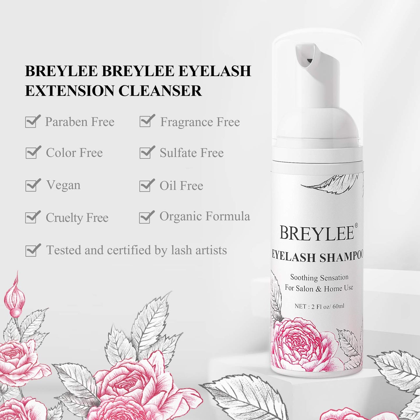 BREYLEE Eyelash Cleanser, Shampoo Foam & Brushes Eyelid Cleanser for Makeup Remover Paraben & Sulfate Free for Salon and Home Use(60ml, 2 fl oz)
