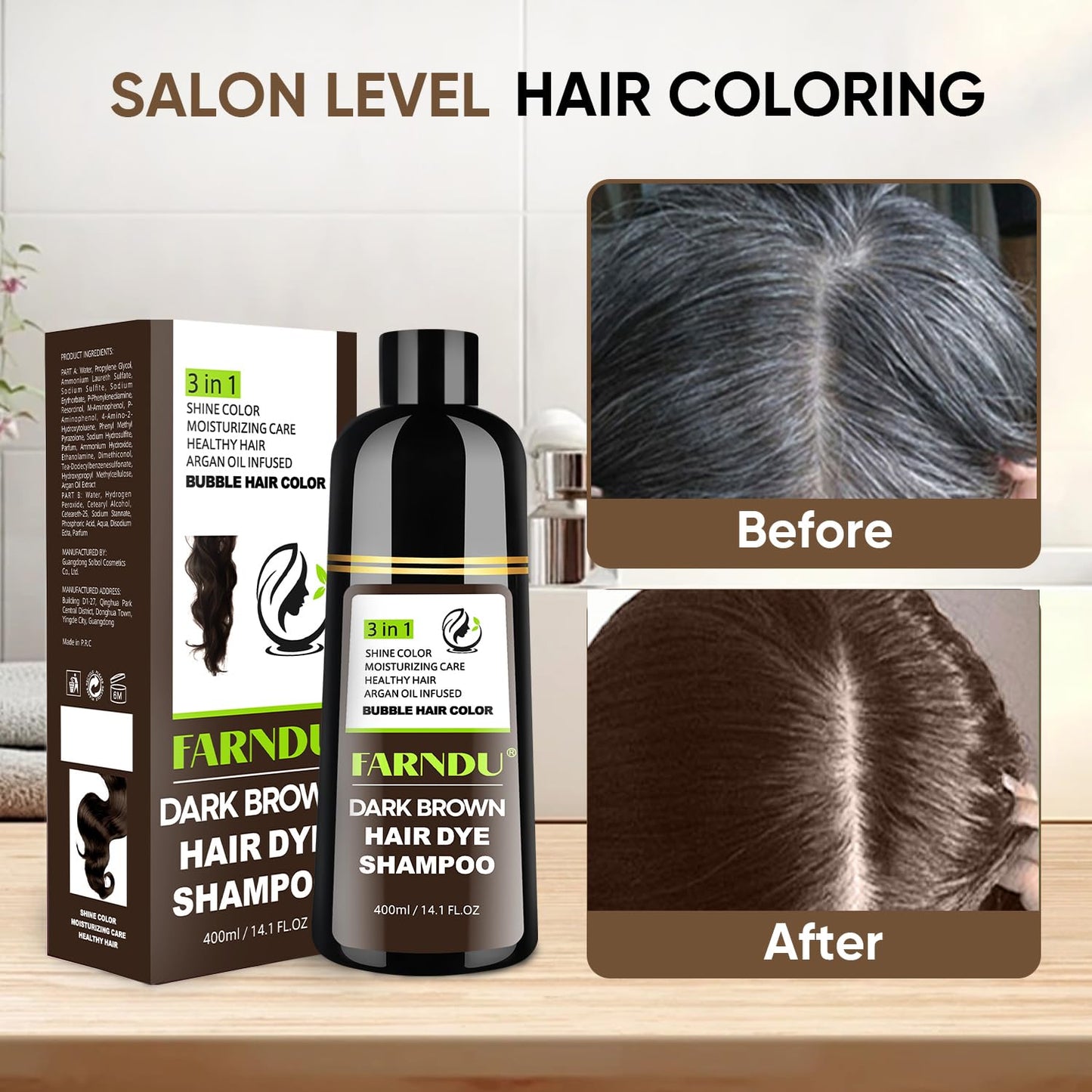 Farndu Dark Brown Hair Dye Shampoo 3 in 1 for Women Men Hair Color Shampoo Dye for Grey Hair Coverage Seimi Permanent Instant Champu Para Canas Mujer