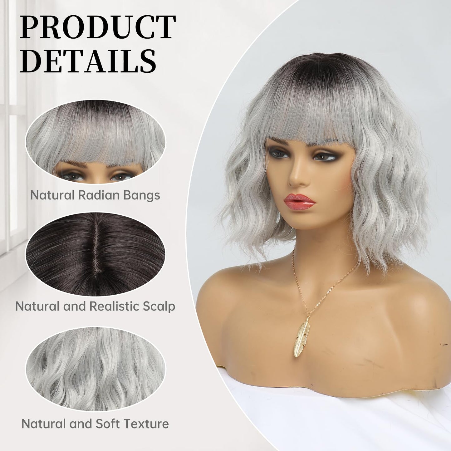 EssionTech Short Silver Wigs for Women Ombre Grey Wavy Bob Wig with Bangs Medium Length Synthetic Hair Water Wave Dark Roots Wig Gray Colorful Wigs（14 Inches）
