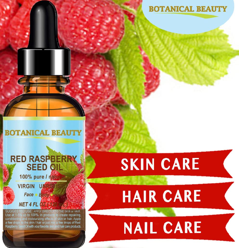 Botanical Beauty RED RASPBERRY SEED OIL 100% Pure Natural Virgin Unrefined Undiluted Cold Pressed Carrier Oil for Face, Skin, Hair, Body, Nails. Rich in Vitamin C, Vitamin E (4 Fl Oz)