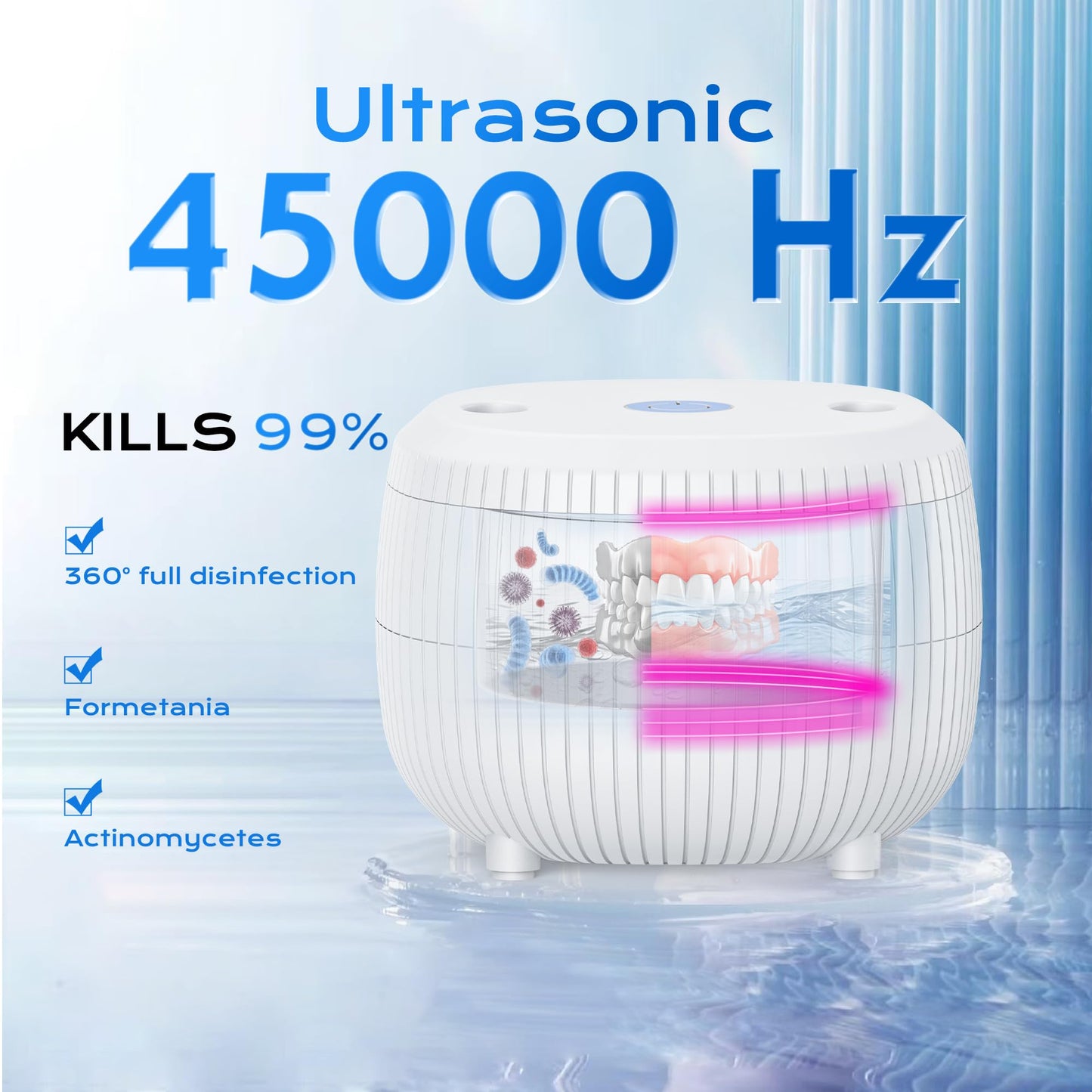 Ultrasonic Retainer Cleaner Machine, 45khz 25W Dental Cleaning Pod for Denture, Mouth Guard, Aligner, Night Guard, Braces, Ring and Jewelry, 200ml Portable