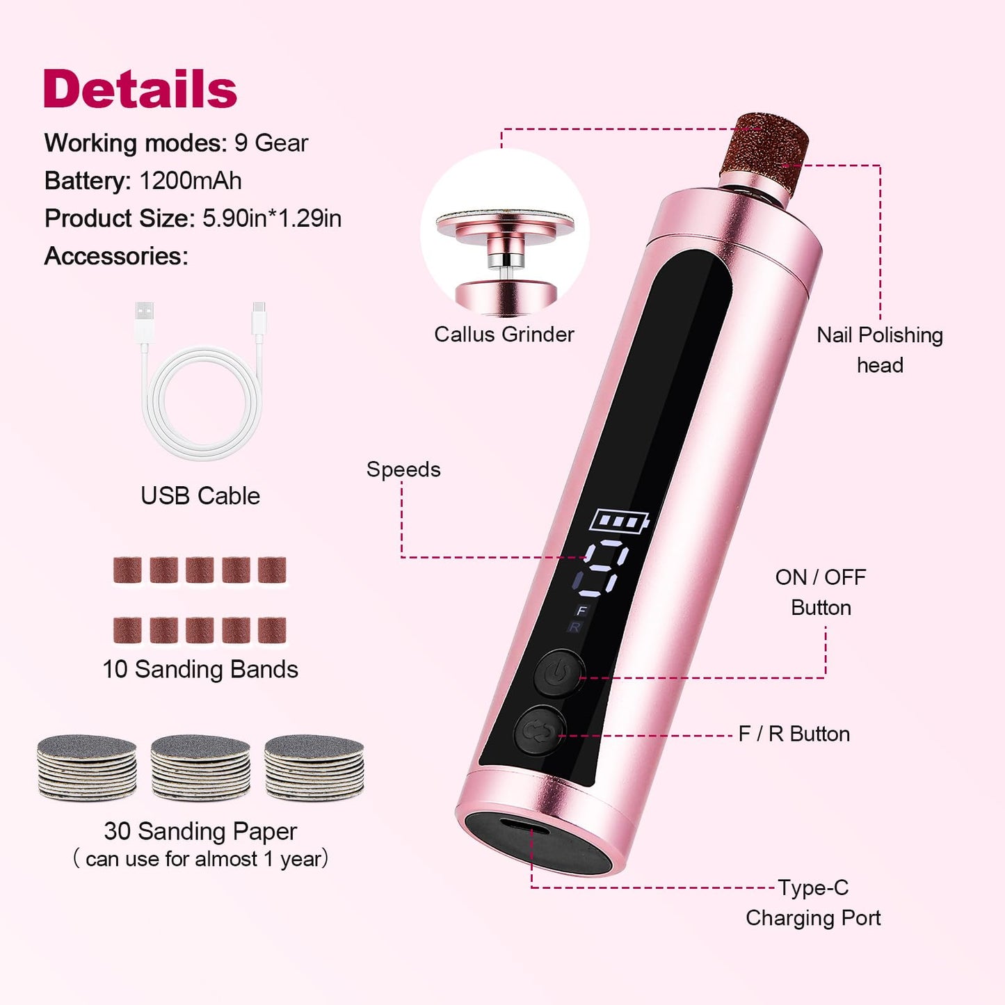 Rechargeable Callus Remover for Feet Electric 2-in-1 Pedicure Tools Foot File Grinder LCD Display 9 Adjustable Speeds 2 Sanding Heads 30 Sanding Paper