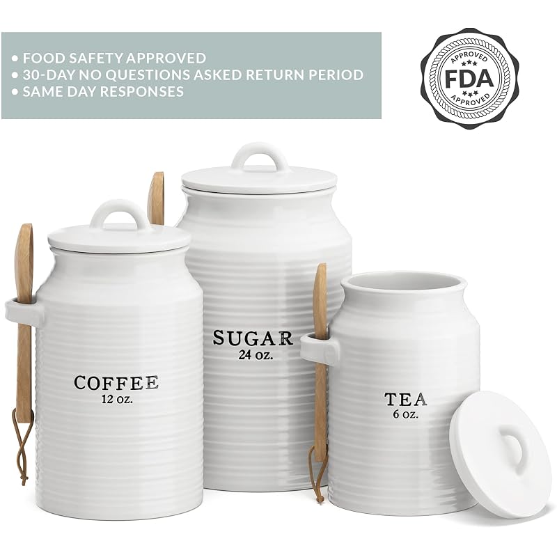 Barnyard Designs Ceramic Kitchen Canister Set, White (Coffee, Sugar, Tea) - Set of 3 - Tea/Coffee/Sugar Variation