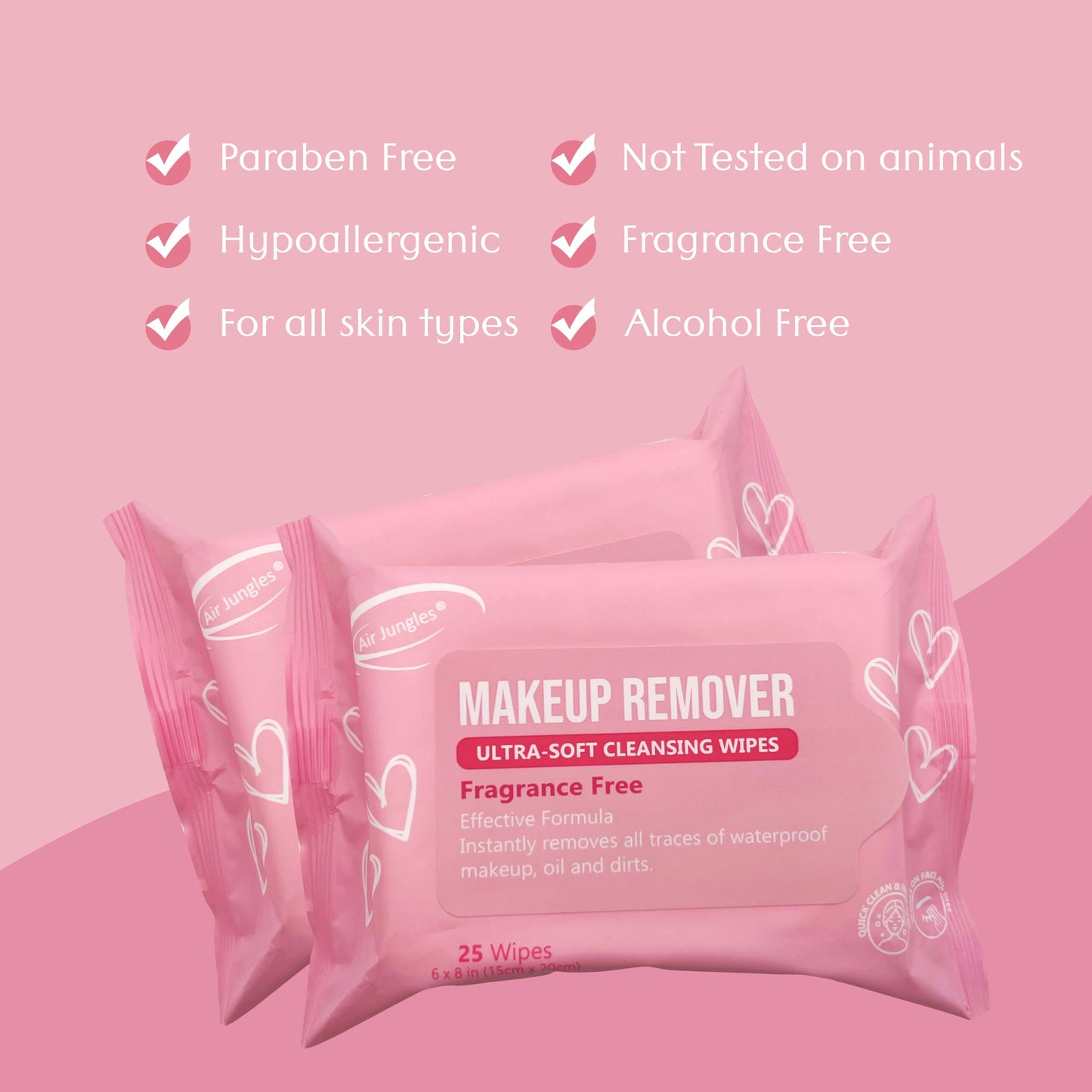 Air Jungles Makeup Remover Wipe 25 Counts, Fragrance-Free, Gently Removes Waterproof Makeup and Oil, Face Cleansing Towelettes, Alcohol Free, Infused Vitamin E for All Skin Type