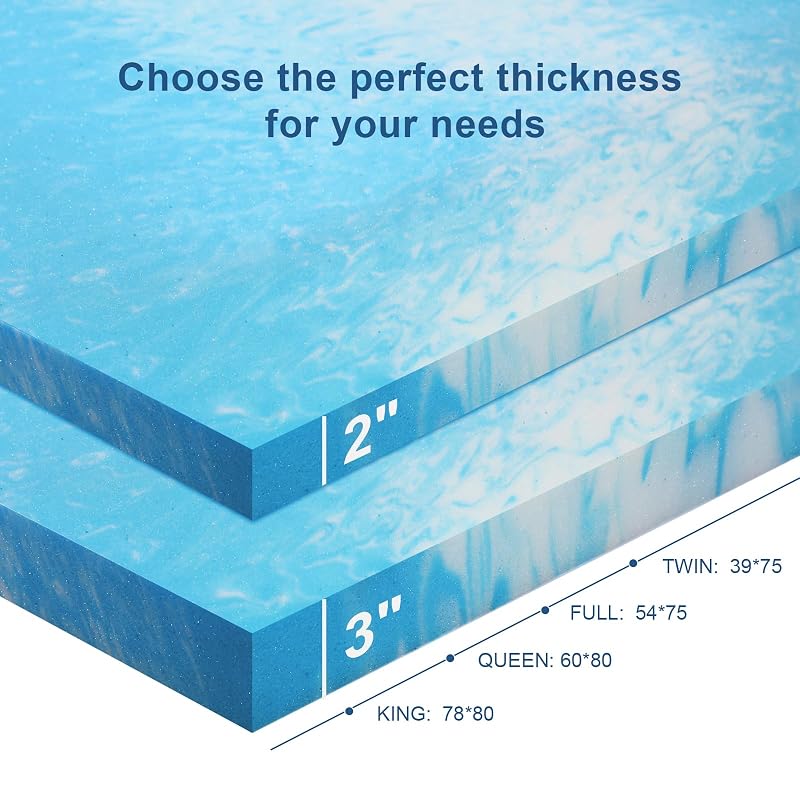 Full-3 Inch Memory Foam Mattress Topper with Cooling Gel Infusion - 54 x 75