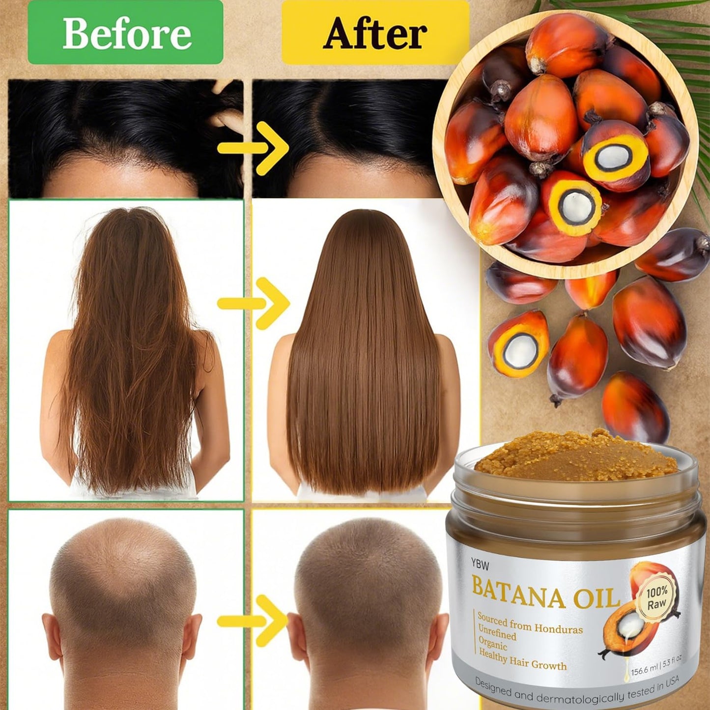 YBW Batana Oil for Hair Growth Dr. Sebi Organic, Natural, Pure and 100% Raw Batana Oil Paste from Honduras - Botana Enhances Hair Thickness, Prevents Loss for Men and Women