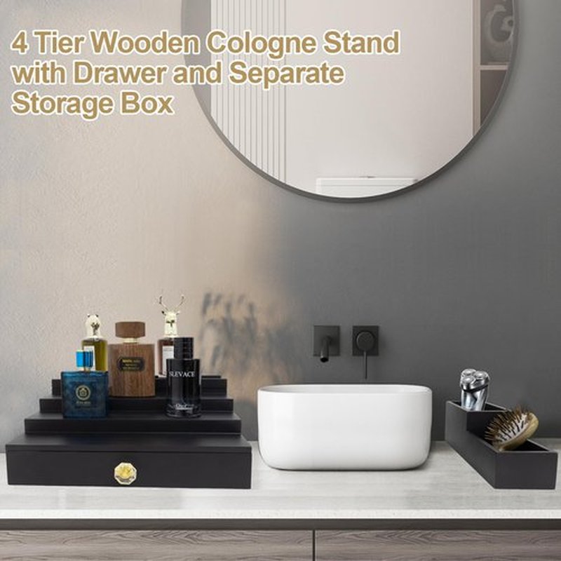 4 Tier Cologne Organizer Cologne Stand with Drawer and Hidden Compartment Cologne Holder for Men, Wood, Perfume Holder 2 in 1 Dresser Bathroom Organizer Men Room Essentials