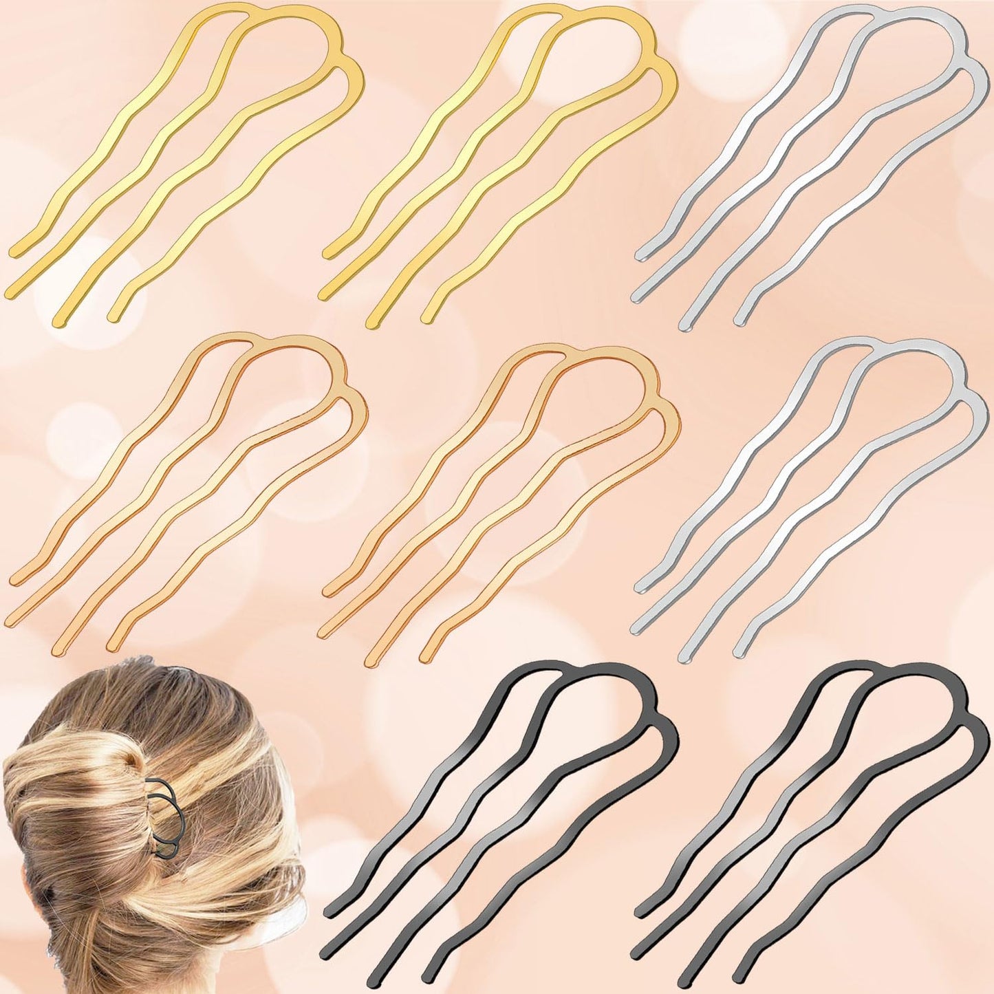 8 Pieces Hair Side Combs, Metal Hair Fork Clip Hair Pins for Buns Hair Updo U-Shape Hair Sticks for Women Hair Styling Tool Accessories (mixed)