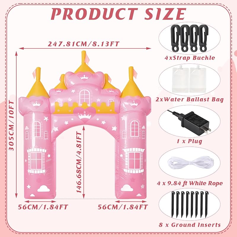 Princess Inflatable Arch 10 ft Pink Castle Outdoor Decor for Birthday Party