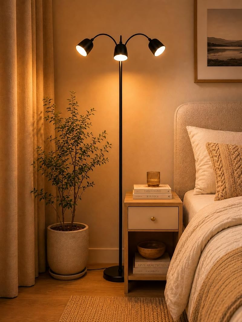 Ultra-Warm 1700K 3-Head Floor Lamp with Remote, 80.7” Tall, Stepless Dimming & Memory