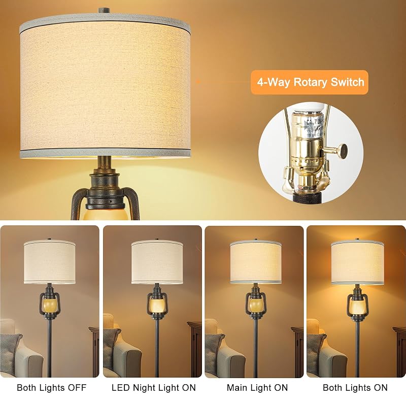 LuxSight Vintage Floor Lamp with Night Light - Dark Brown 63.5-Inch