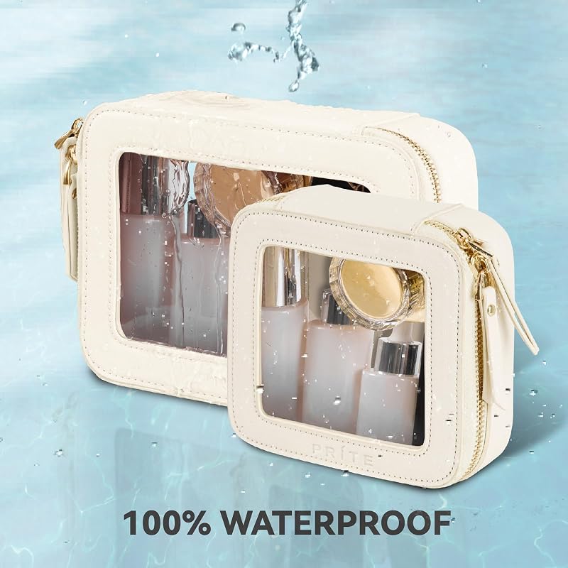 Prite Clear Cosmetic Bag Set - Travel Toiletry Case for Women, Beige - Mini & Standard