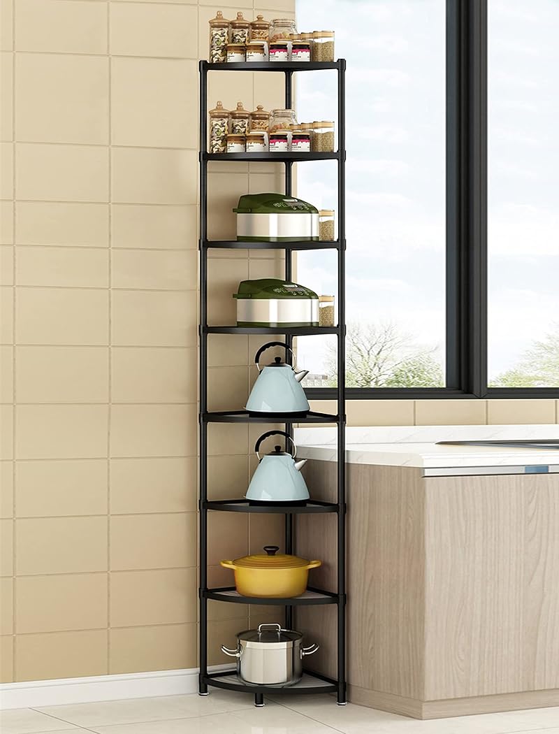 8-Tier Kitchen Corner Shelf Rack with Black Finish – Heavy-Duty Pot & Dish Storage