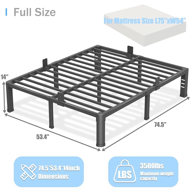 Variation of THIS listing: 14 Inch Full Size Bed Frame with Round Corner Legs, Headboard Holes, Noise-Free Steel Slat Platform