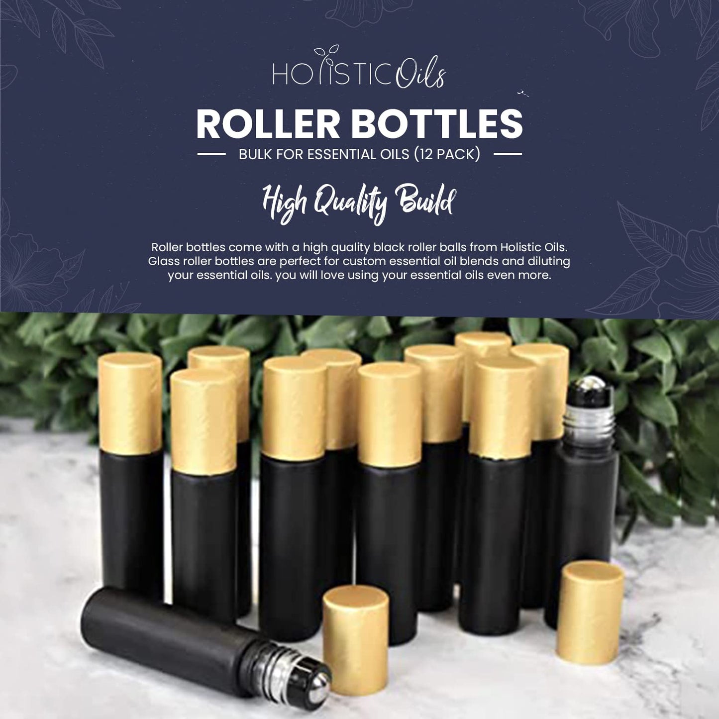 12-Pack 10ml Black Glass Roller Bottles with Brushed Gold Leakproof Caps – Premium Empty Roll-On Bottles for Essential Oils, Perfumes, Serums, DIY Aromatherapy & Beauty Products