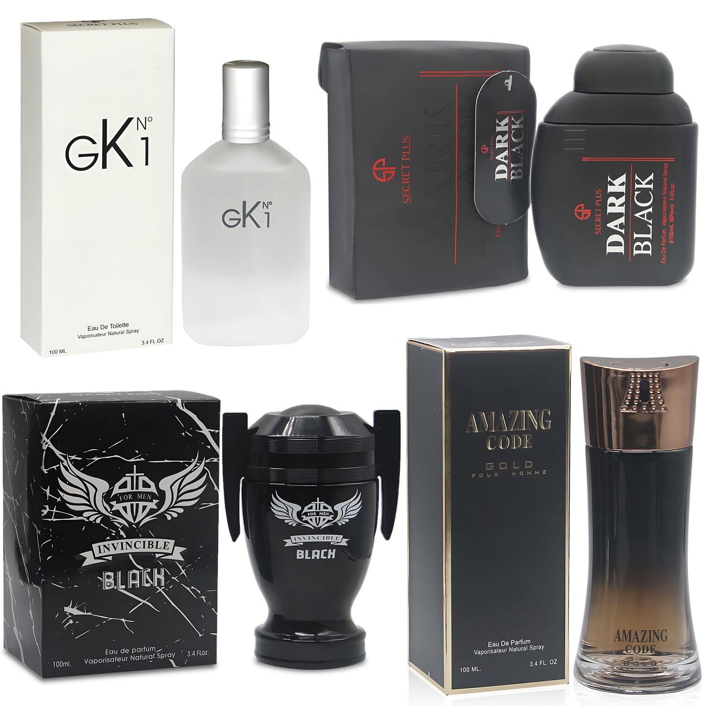 AFLUXE Cologne for Men Set 4 Combo Sets(Dark Black,Invincible Black,Amazing Code Gold,GK N1) Eau De Parfume/Toilette Natural Spray Each 100ML Men Perfume Long Lasting Fragrance for Daily Use