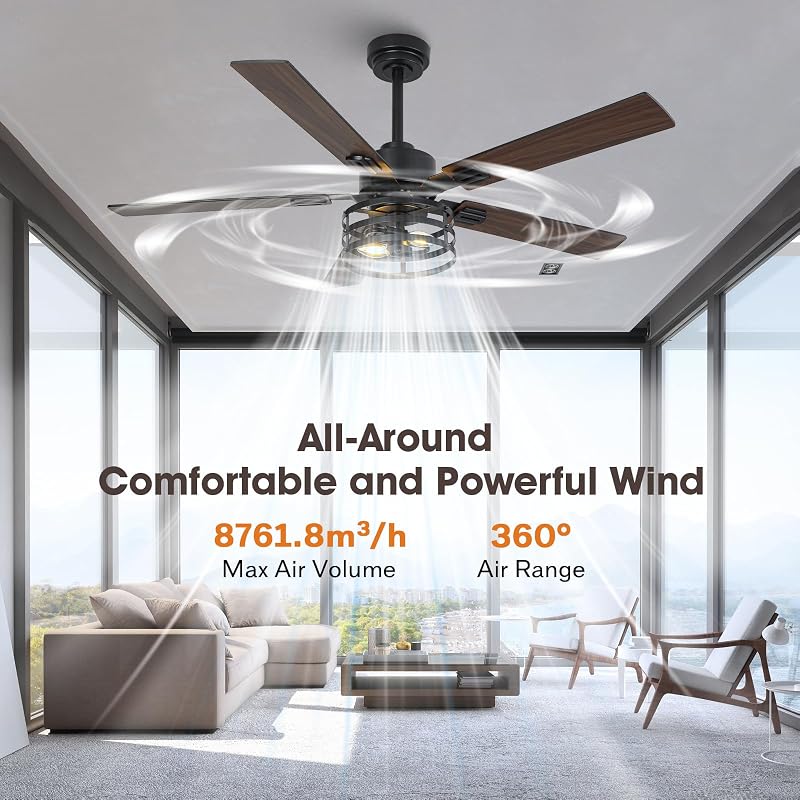 52 Inch Farmhouse Ceiling Fan with Light - Maple/Black, 6-Speed DC, Remote
