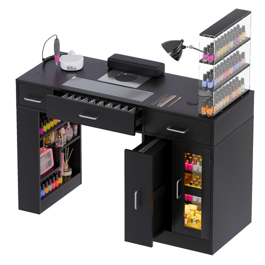 Kikihouse Manicure Table Nail Tech Desk w/Glass Top Drawer, Nail Tech Table w/Movable Shelves, Dust Collector, Wireless Charging, Cabinet, LED Lights, Acetone-Resistant Salon Workstation (Black)