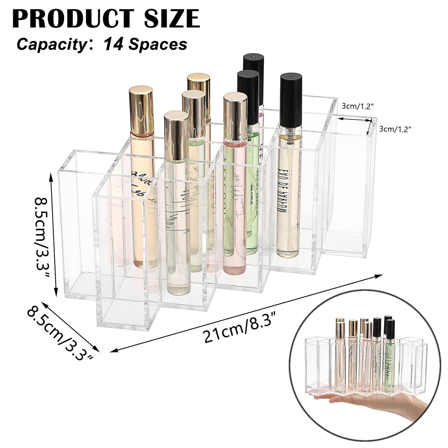 ELLDOO Rollerball Perfume Organizer, 14 Spaces Clear Acrylic Perfume Storage Holder Beauty Scent Holder, Stackable Makeup Lipgloss Lipstick Display Case Lip Gloss Storage Stand