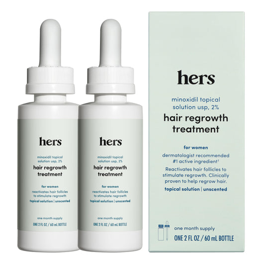 hers Topical Minoxidil Solution, 2% - Hair Growth Treatment for Women - Clinically Proven to Reduce Hair Loss in 3-6 Months - Unscented, 2 Pack