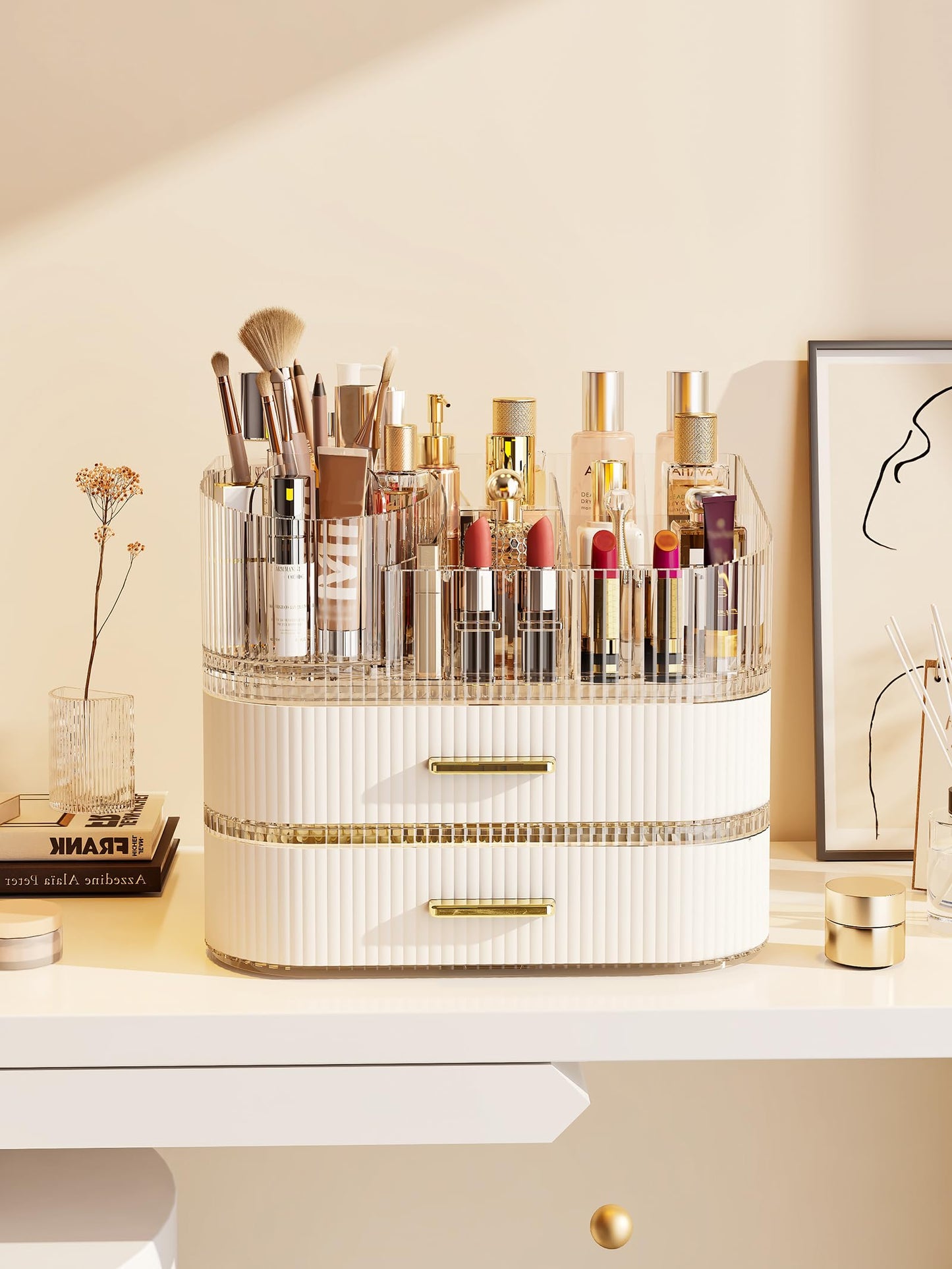 MIUOPUR Makeup Organizer with Rotating Makeup Brush Holder, Stackable Drawers for Bathroom Organizers and Storage, Make up Organizers for Vanity, Great for Cosmetics, skincare, Lipsticks -Cream