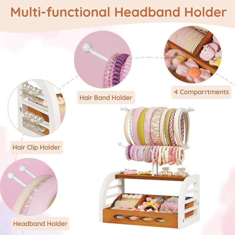 Headband Holder Stand with Dividers – 3-Tier Hair Accessories Organizer, White