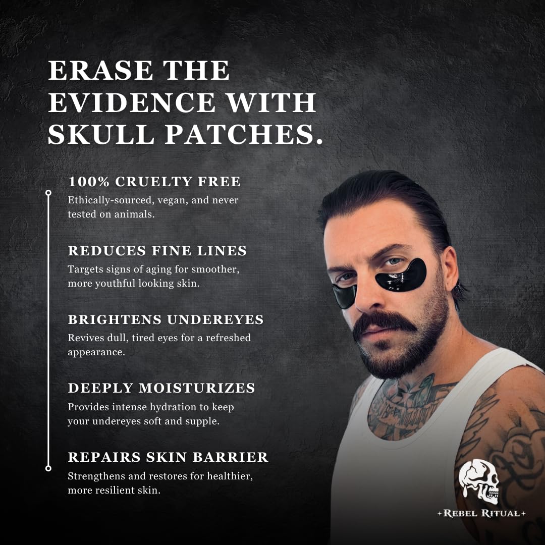 Rebel Ritual Under Eye Patch: men's under eye patch, brightens under eyes, anti-aging, collagen, charcoal, sea moss, Vitamins A, C, E, & K, reduces puffiness, moisturizes, all skin types