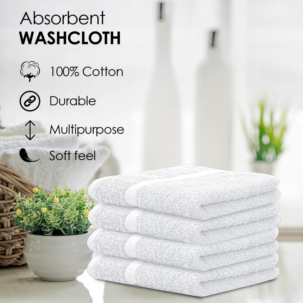 Avalon Towels Cotton Washcloths – (Pack of 60) Size 12x12 Inches, 100% Ring Spun Cotton, Soft & Absorbent Face Towels, Gym Towels, Hotel and Spa Quality, Reusable Fingertip Towels (White)