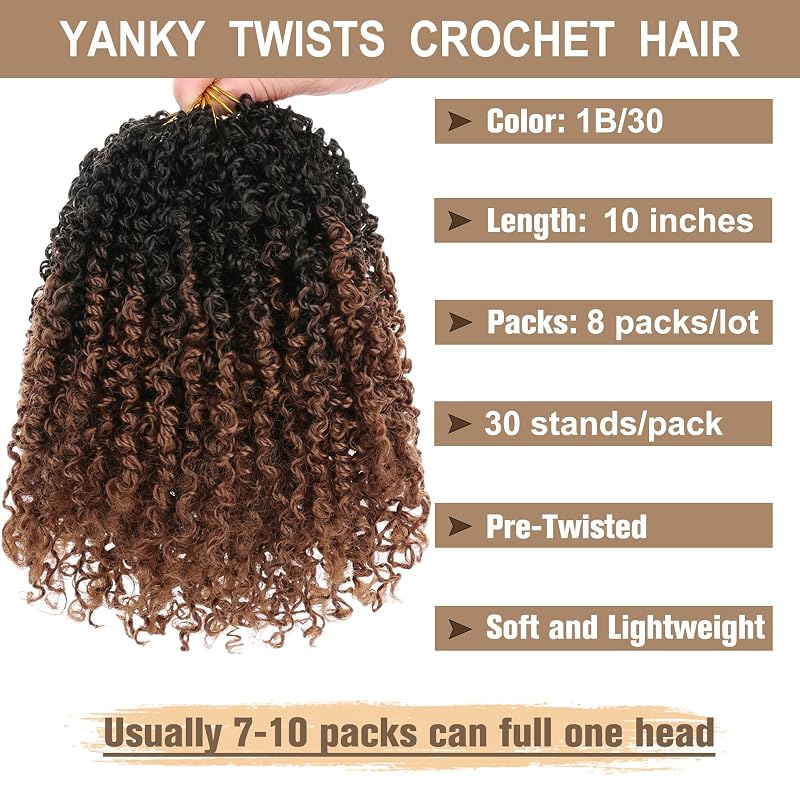 COOKOO 10 Inch Ombre Yanky Twist Crochet Hair - 1B/30#, 8 Packs (Variation: 1B/30#+10 Inch)