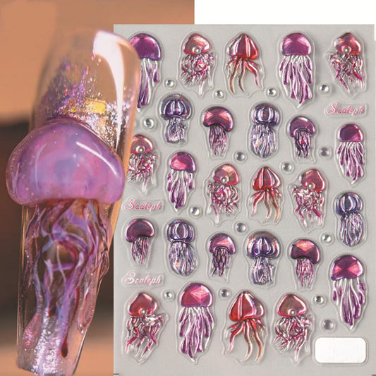 Summer Jellyfish Nail Art Stickers 5D Embossed Jellyfish Nail Decals 1PCS Purple Marine Life Ocean Theme Summer Nails Design Adhesive Sticker Manicure Supply for Women DIY Nail Art Decorations