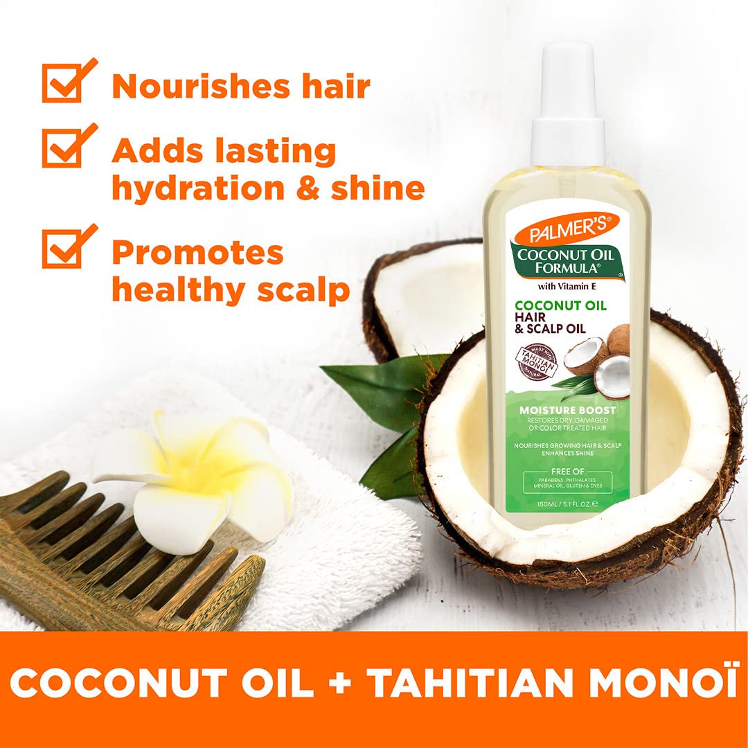 Palmer's Coconut Oil Moisture Boost, Restorative Hair and Scalp Oil Spray, Lasting Hydration and Shine for Dry or Damaged Hair, Promotes Scalp Health, 5.1 Oz